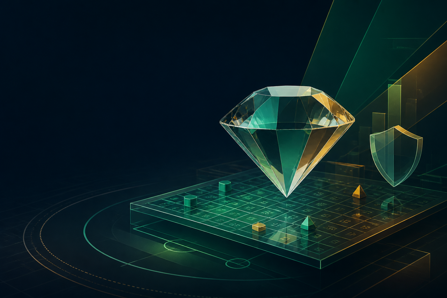 Abstract faceted diamond above an exchange-style grid with a protective shield